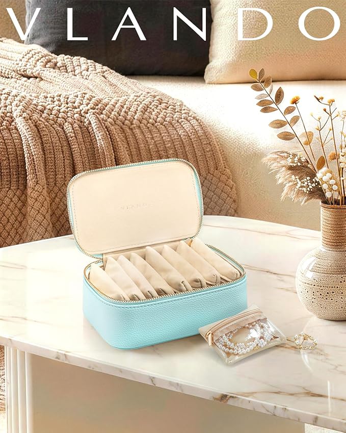 VLANDO Jewelry Travel Organizer with 8 Velvet Jewelry Bags Travel Jewelry Storage Box Jewelry Case for Necklace Rings Earring