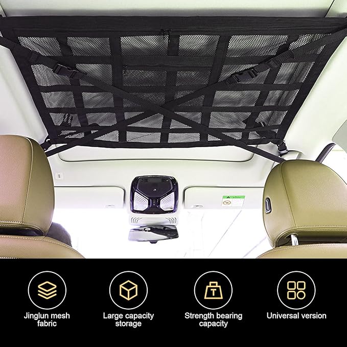 Car Roof Storage Net, Double Layer Mesh Polyester Auto Ceiling Cargo Net, 31.5" x 21.6" Camping Overhead Storage Organizer, Universal for Sedans Jeeps SUVs (Black)