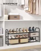SONGMICS Stackable Shoe Rack, 3 Tier Metal Shoes Rack Storage Shelf, Holds up to 15 Pairs, Adjustable Slanted Shelves Tower O