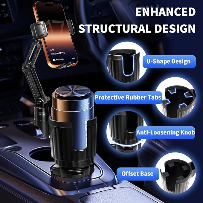 YUHENG Upgraded Cup Holder Phone Mount for Car - Permanent Screw-Fixed Base (No Wobble), Offset Space-Saving Design,Universal