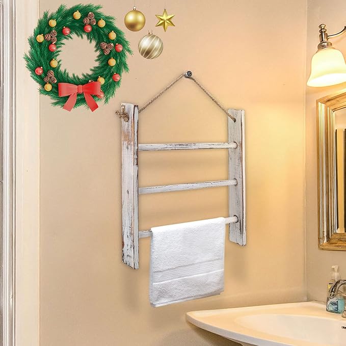 Rustic Wood Ladder Hand Towel Rack for Bathroom, Farmhouse Blanket Ladder for Living Room Hanging Decorative Rack for Blanket