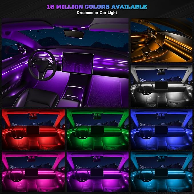 RGB Acrylic Interior Car LED Strip Light with Wireless APP, 18 in 1 with 175 inches 593 LEDs Neon LED Strip Light, 16 Million Colors Dynamic Music Sync Car Ambient Lighting Kits