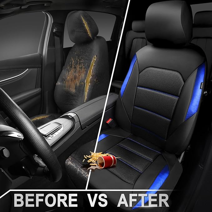 CAR PASS Memory Foam Leather Seat Covers,Air Cool Mesh Thick Car Seat Covers Front Seats Blue Leather Seat Covers for Cars Un