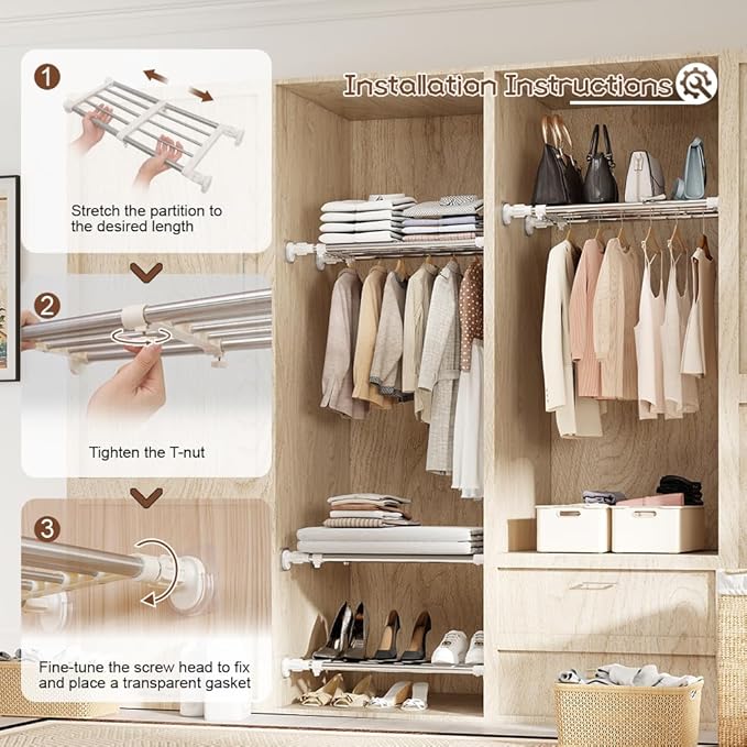Hershii Expandable Shelf Rod Closet System Heavy Duty Clothes Hanger Adjustable DIY Storage Organizer Shoe Rack