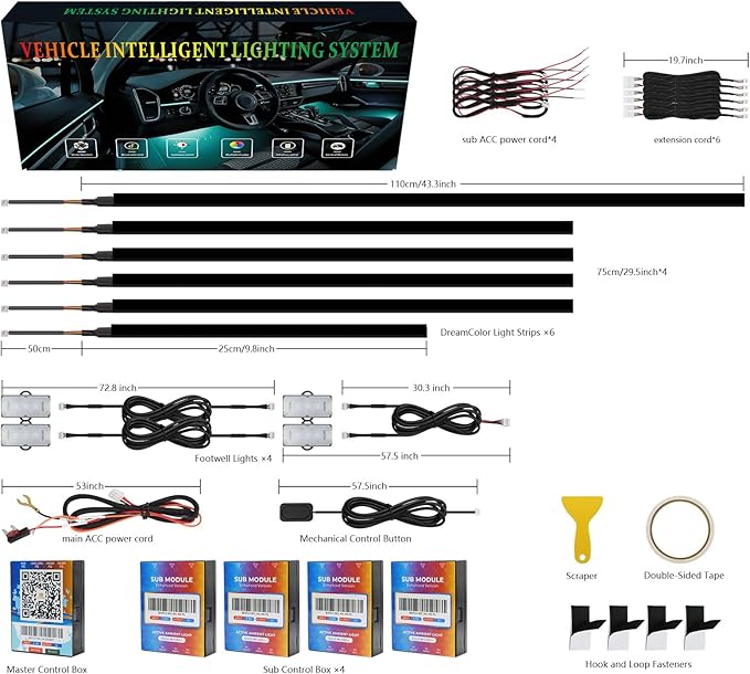 New Version Dreamcolor Acrylic Car Interior Lights 10 in 1 RGB LED Strip Lights APP Control Zoned Control System 252 Color Modes DIY Fiber Optic Ambient Lighting Kits Music Car Neon Light Kits