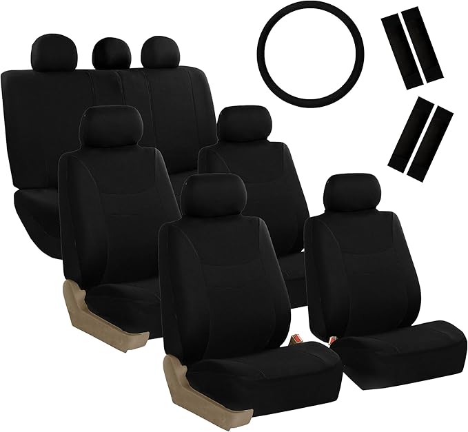 FH Group Light & Breezy Flat Cloth Cars Seat Covers Combo Steering Wheel Cover & Seat Belt Pads, Airbag and Split Rear Univer