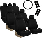 FH Group Light & Breezy Flat Cloth Cars Seat Covers Combo Steering Wheel Cover & Seat Belt Pads, Airbag and Split Rear Univer