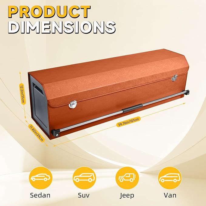 Car Trunk Organizer, Collapsible Sturdy Trunk Storage Container with Lid and Handle Large Leather Car Trunk Storage (Orange, 39