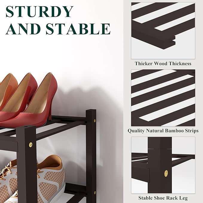 Smiry Bamboo Shoe Rack for Closet, 2 Tier Small Wooden Stackable Shoe Organizer, Free Standing Shoes Storage Shelf for Entryw