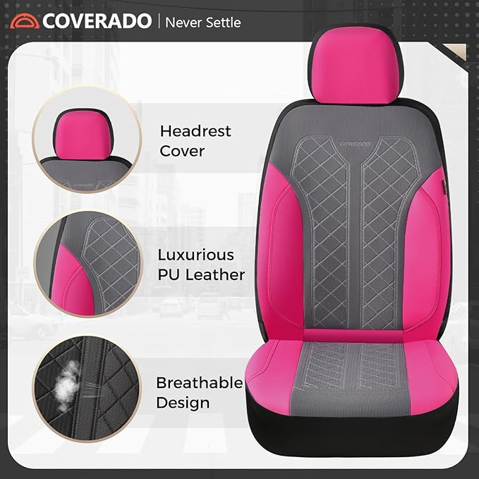 Coverado Car Seat Covers 2-Pack, Luxury Front Seat Covers, Automotive Car Seat Protectors, Pink Seat Covers Universal Fit for
