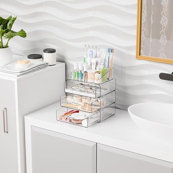 Yieach Clear Acrylic Makeup Organizers Countertop for Dresser,Desk,Bathroom Vanity,4 Tier Stackable Make up Holders and Makeu
