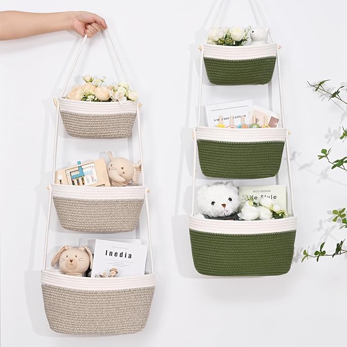 Hanging Storage Baskets, Over the Door Basket, Cotton Wall Baskets Storage, Hanging Door Basket with 4 Hooks