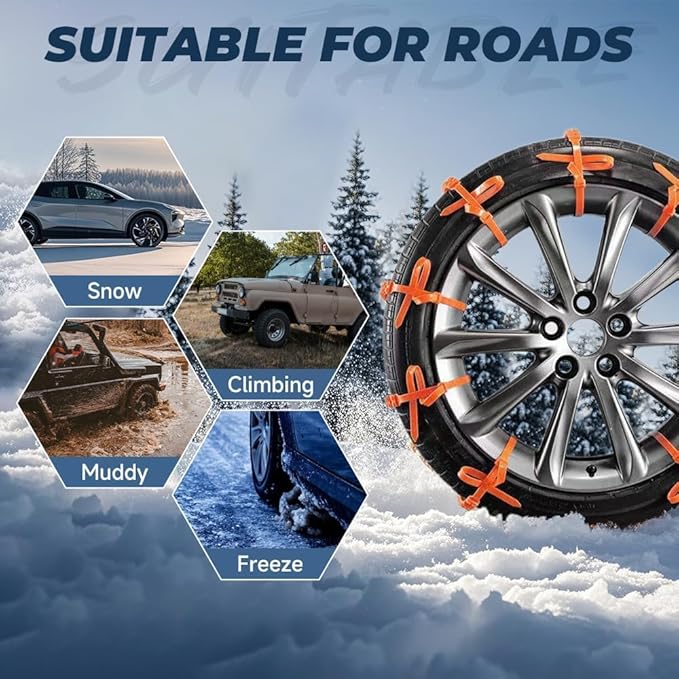 10 Pcs Universal Anti-Skid Snow Tire Chains, 2026 New Portable Emergency Non-Slip Plastic Cable Ties, Snow Tire Chains for Pi