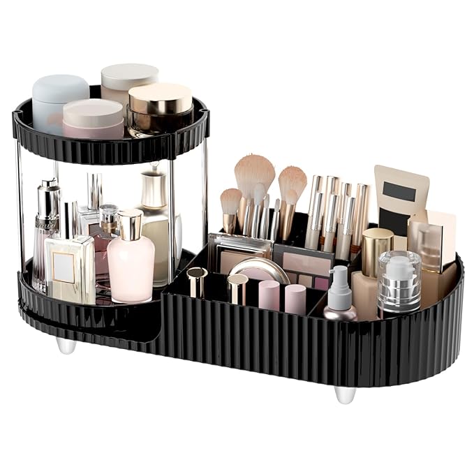 Makeup Organizer Countertop for Vanity with 360 Rotating Perfume Trays, 7-Compartment Skincare Organizers and Make Up Desk St