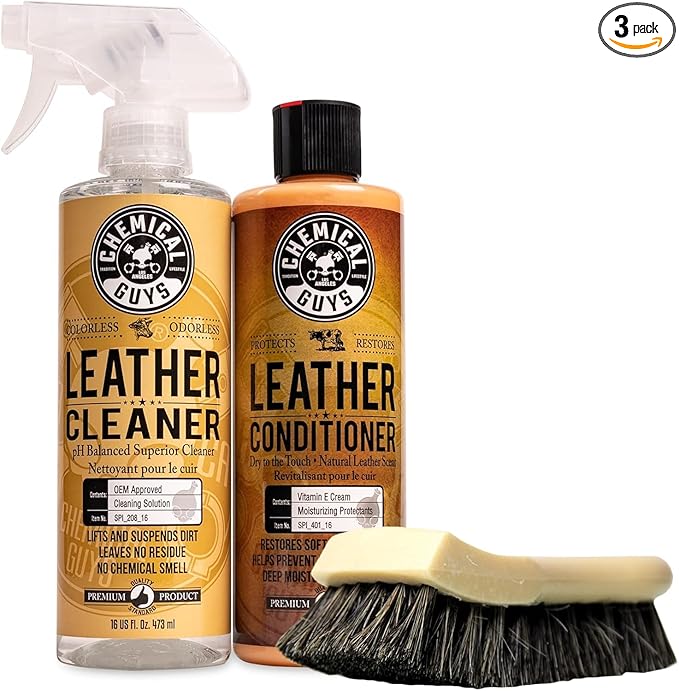 Chemical Guys SPI410 Leather Cleaner and Conditioner Bundle with ACC_S95 Long Bristle Horse Hair Leather Cleaning Brush, Safe