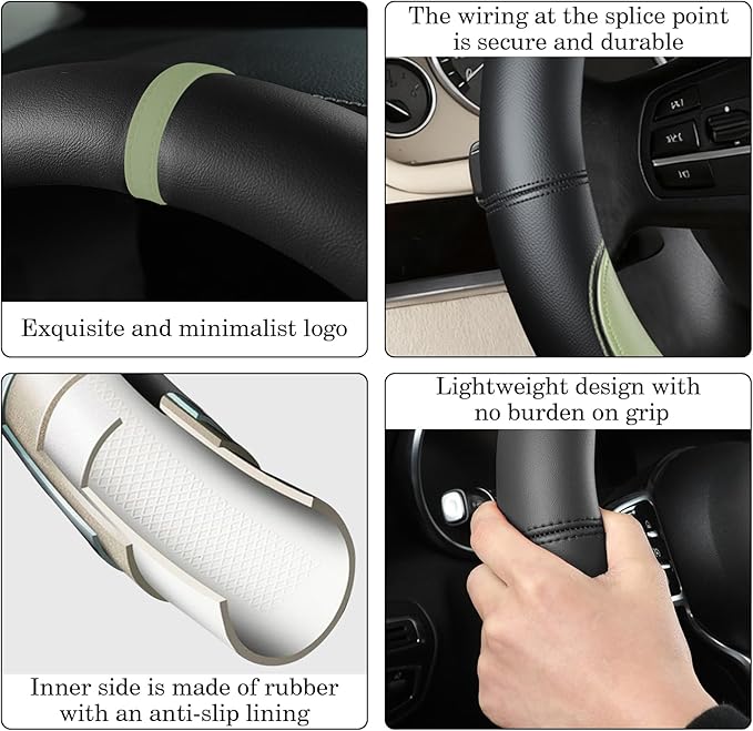 Black Avocado Green Car Steering Wheel Cover, Nappa Leather, Bottom Color Blocking, Universal 14.5-15 Inch Leather Anti-Slip 
