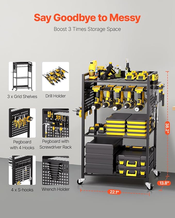 VEVOR 4-Tier Tool Organizer Cart, 150 lbs Load Capacity, Floor Stand Rolling Drill Holder and Stability Storage Rack, Heavy D