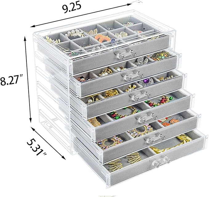 Watpot Acrylic Jewelry Box with 6 Drawers, Clear Earring Storage Organizer Display Case for Women Girls, Gray