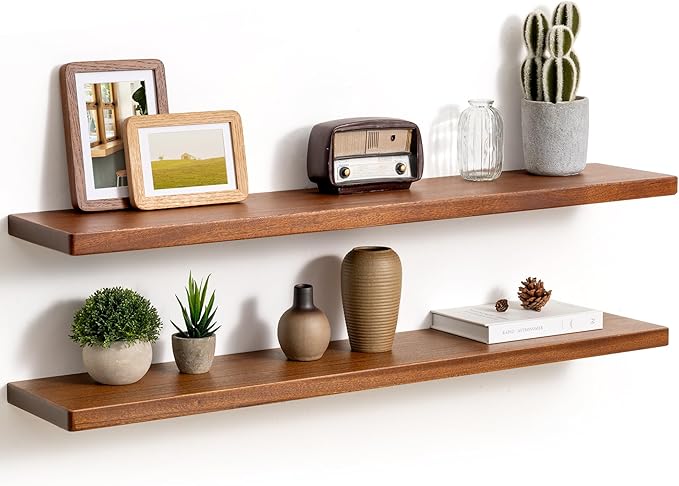 Fun Memories 40 Inch Floating Shelves, Rustic Solid Wood Wall Shelves Set of 2, 8 Inch Deep Floating Shelf for Bathroom, Bedr