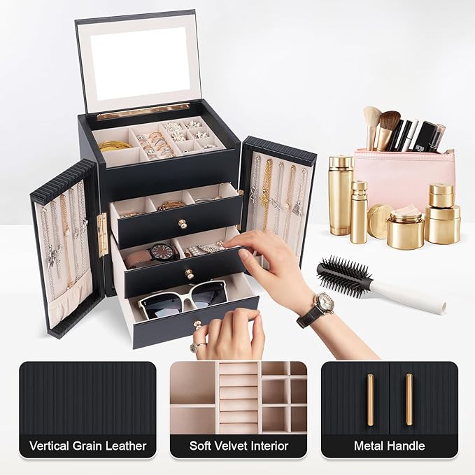 Dajasan Large Jewelry Box for Women, Jewelry Organizer Box with 3 Drawers, Jewelry Storage Organizer with Mirror for Necklace