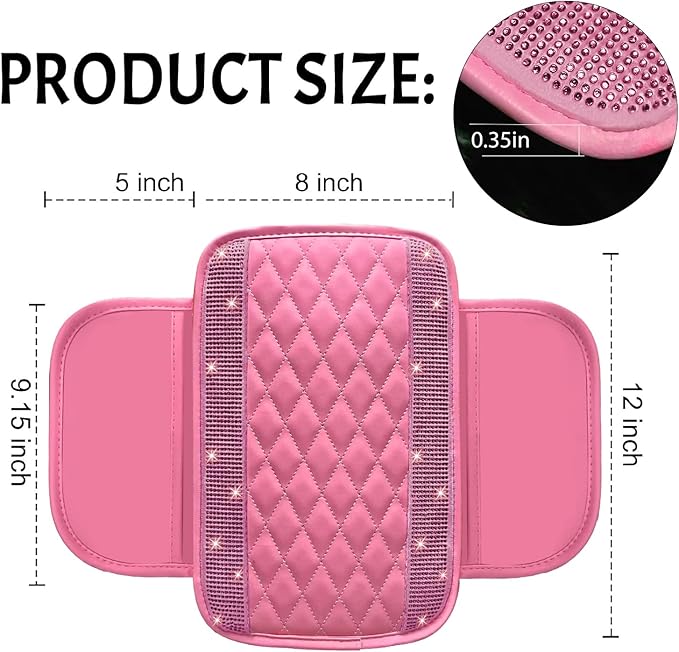 NBTEPEM Bling Pink Car Center Console Cover, Leather Car Arm Rest Cover with 2 Storage Bags, Universal Auto Armrest Protector Storage Box, Pink Bling Accessories Interior for Most Vehicles