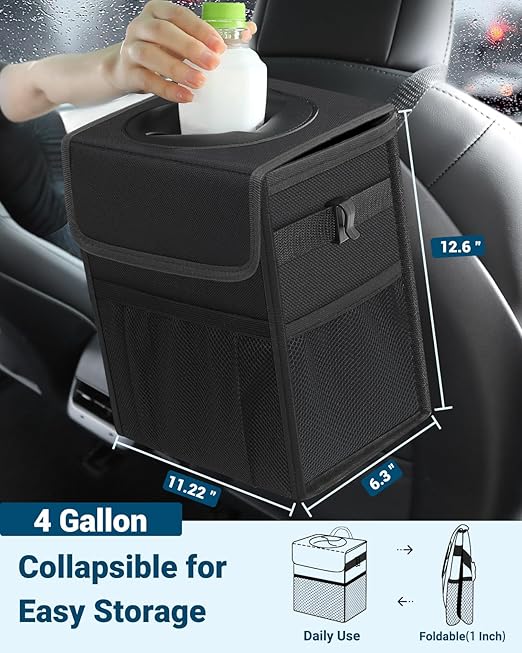Capolo Car Trash Can with Lid, Leakproof Car Trash Bag Hanging Waterproof Automotive Garbage Can with Storage Pockets Mini Vehicle Trash Bin for Back/Front Seat(Black,4 Gallon)