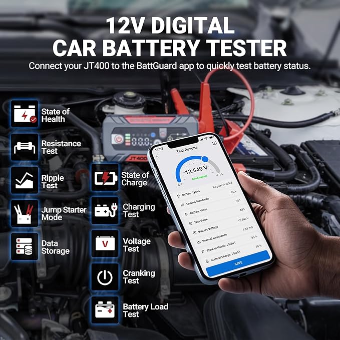 LOKITHOR JT400 2500A Portable Jump Starter with Battery Tester, 12V Car Battery Jump Starter for Up to 8.5L Gas or
