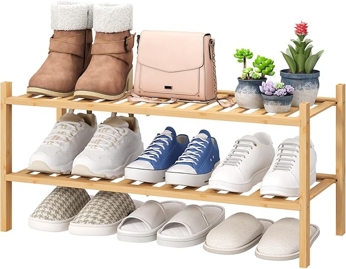 viewcare 2-Tier Bamboo Shoe Rack for Entryway, Bamboo Wood Shoe Organizer for Hallway Closet, Free Standing Shoe Racks for In