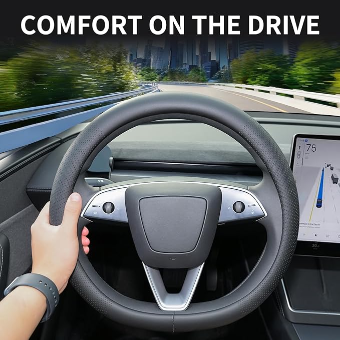 Nappa Leather Steering Wheel Cover Compatible with Tesla Model 3/Y 2016-2025 2026 Juniper/Highland, Non-Slip Breathable Model 3/Y Steering Wheel Protector, Black