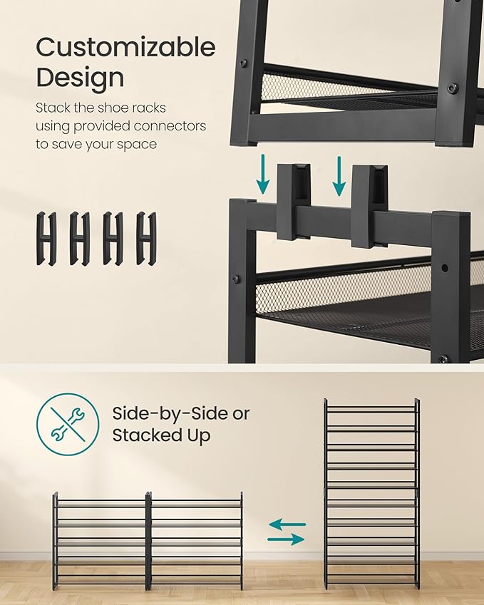 SONGMICS Shoe Rack, 10-Tier Shoe Organizer, Metal Rack for Garage, Set of 2, 5-Tier Stackable Shelf, with Adjustable Flat or 