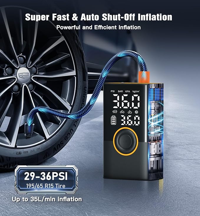 Tire Inflator Portable Air Compressor Portable Cordless Mini Air Pump with Digital Pressure Gauge Inflater 150PSI Fast Inflation and Auto Shutoff Function Tires Pump for Cars Motorcycles Bikes(Yellow)