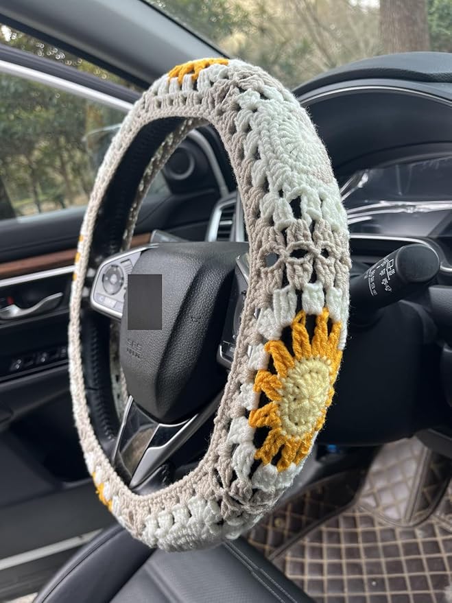 Handmade Crochet Sun Moon Car Steering Wheel Covers Universal 14-15 inch,Cute Steering Wheel Cover,Car Accessories (Steering Wheel Cover+2 Belt Cover)