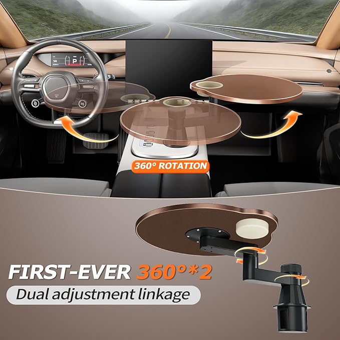 Car Tray Cup Holder Desk, 360° Rotating PU Leather Food Car Table - Steering Wheel Tray Road Trip Essentials Accessories for Tesla Model Y/3/S, Ford F150 Most Vehicles