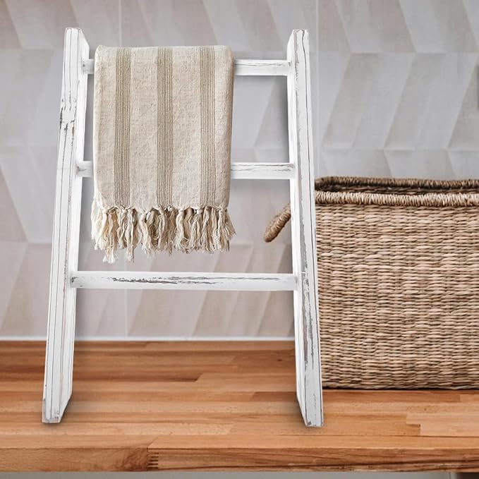 Garneck Mini Ladder Towel Rack 16'' White Wood Hand Towel Holder for Country Bathroom Decor Space-Saving Display Rack for Kit
