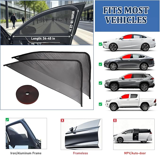Car Window Shades,Car Window Screens for Camping,Car Window Cover for Baby,Universal Stretchable & Breathable Mesh Shades,Block Sun Rays,Fit Most Truck,SUV and Minivan(Front 2 Pack)