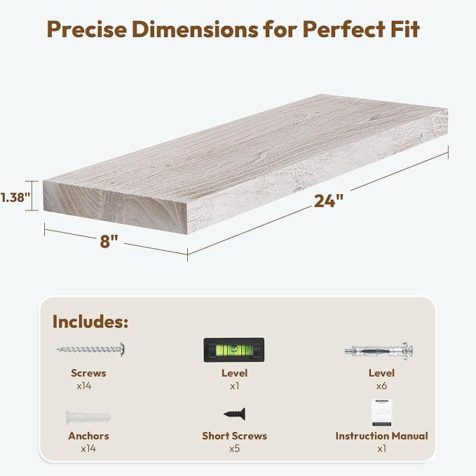 Vivelove Elm Floating Shelves for Wall Solid Wood, 24 Inches Long Rustic Wall Shelf with Invisible Bracket for Living Room Be
