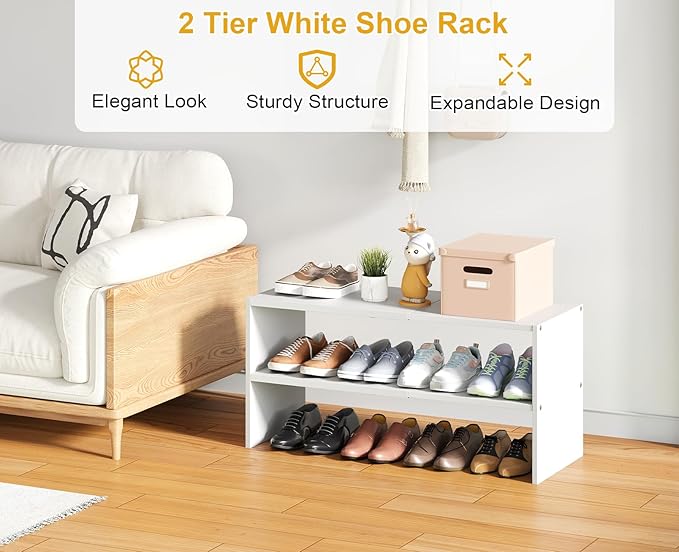 White Shoe Rack Organizer for Closet, 2-Tier Expandable Shoe Shelf, Stackable Iron Wood Combination Small Shoe Racks Shelves 
