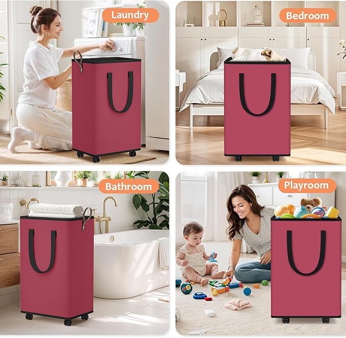 SpaceTrove Laundry Basket with Wheels, Collapsible Laundry Baskets, Laundry Hamper with Handles Detachable Wheels, Rolling La
