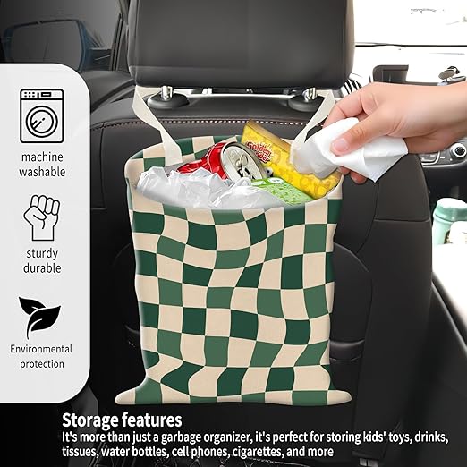 Car Garbage Can, Seat Back Hanging Cute Car Trash Can Bag, Car Organizer and Storage Bag for Travelling, Outdoor Cute Green Checkerboard