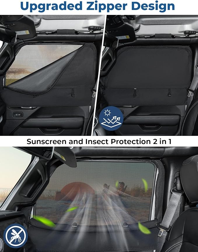 JOYTUTUS Front Wrangler Side Window Sun Shade Camping Window Insect Screen Compatible with Wrangler JK JL Gladiator JT 2007-2026, Car Window Covers for Privacy Blackout 2 Pcs