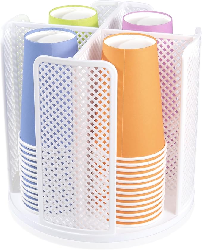 Rotating Paper Cup Dispenser with 4 Compartments, Disposable Coffee Cup Storage & Lid Holder for Countertops, Kitchen, Coffee