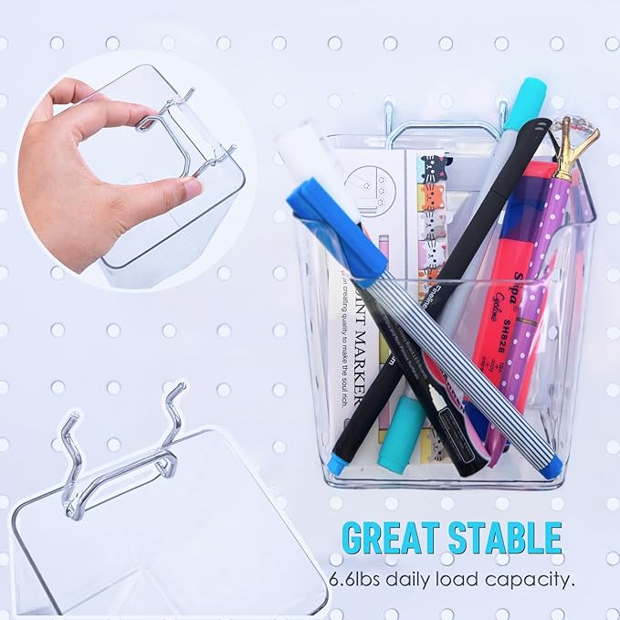 G.CORE Large Pegboard Cups Peg Board Storage Bin 6 Pack with Hooks, Square Box Shape Pegboard Cup Holder Accessories for Gara