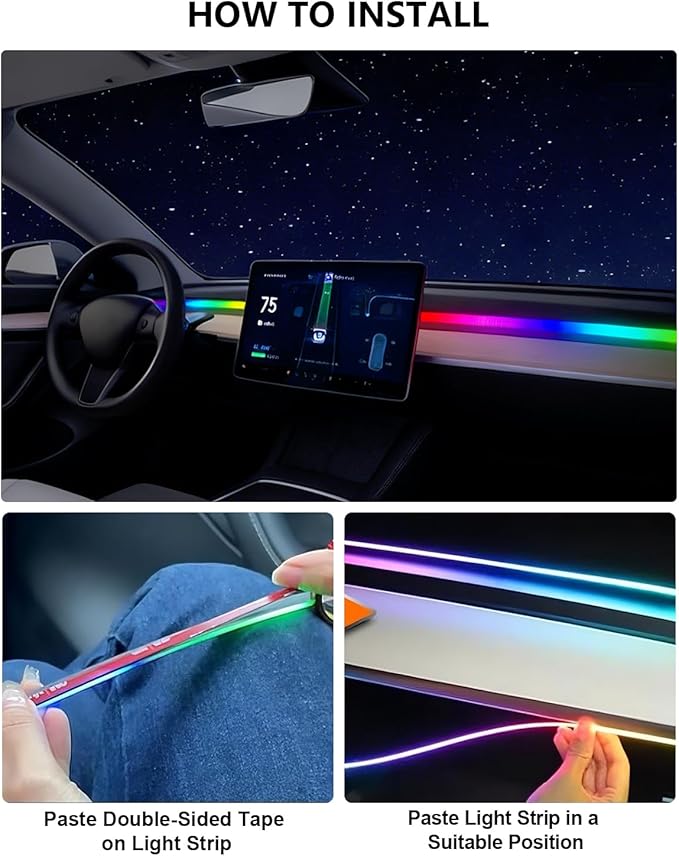 for Tesla LED Car Ambient Lighting Strip Model Y Juniper Model 3 Highland Accessories 2017-2026 LED Light Strip Dashboard Air Vents Interior Waterproof Decoration Atmosphere Ambient Lighting