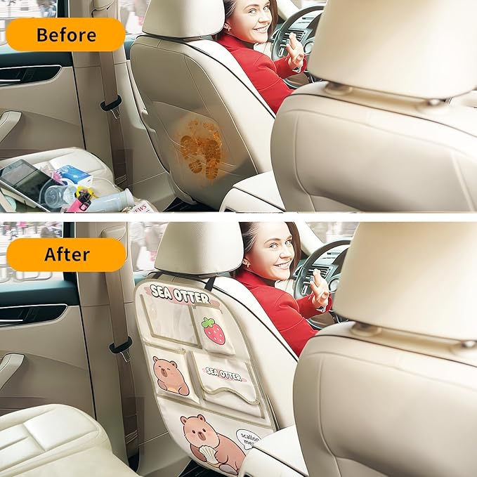 kids Leather Car Backseat Organizer with Foldable Table Tray, Car Storage Organizer with Tablet Holder, Car Seat Back Protectors Kick Mats, Travel Accessories (SEA OTTER2)