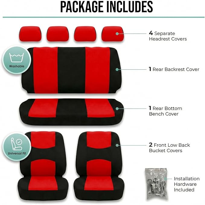 FH Group Flat Cloth Full Set Car Seat Covers Three Row 7 Seater - Universal Fit for Cars, Trucks & SUVs Red