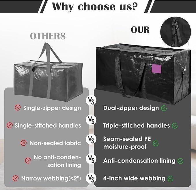 6 Pack Moving Bags with Full-Open Side Zipper, Extra Large 93L Heavy Duty Waterproof Foldable Storage Totes for College Dorm,