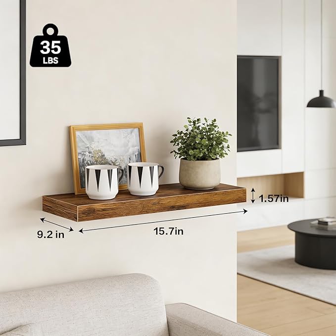 Solid Wood Floating Shelves Set of 2 - Waterproof Scratch Resistant Wall Mounted Shelves, Country Style Brown (15.75 in W × 9
