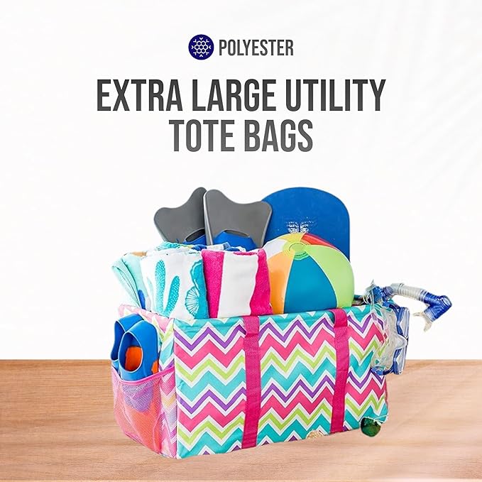 Extra Large Utility Tote Bag - Oversized Collapsible Reusable Wire Frame Rectangular Canvas Basket With Two Exterior Pockets For Beach, Pool, Laundry, Car Trunk, Storage - Chevron Multi