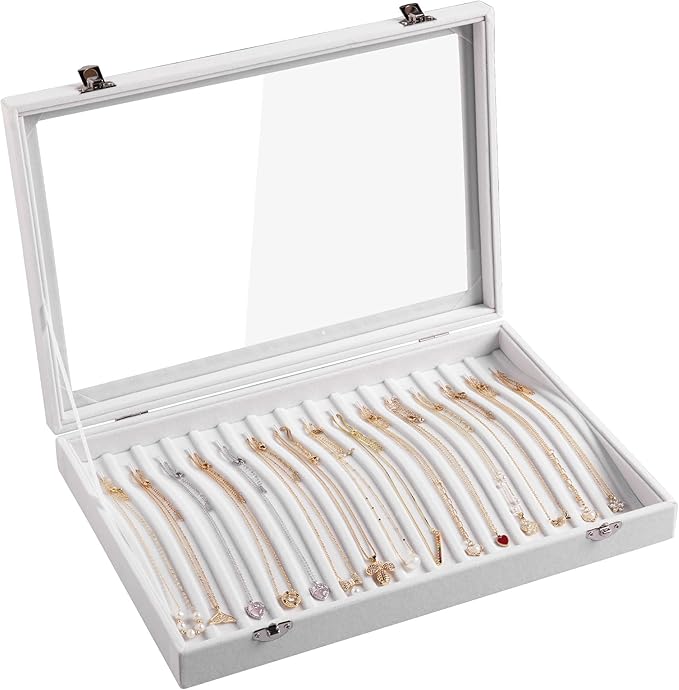 Frebeauty 15 Hooks Necklace Tray,Neckalce Organizer with Clear Lid,Velvet Necklace Holder Box,Jewelry Organizer for Pendants 