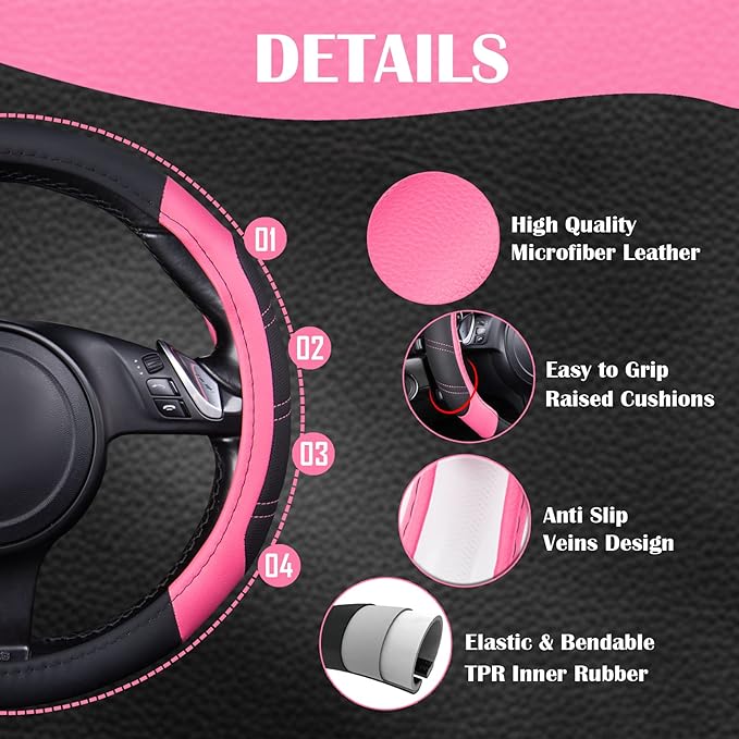CAR PASS Line Rider Microfiber 14 Inch Leather Sporty Steering Wheel Cover Universal Fits for 95% Truck,SUV,Cars, Anti-Slip S